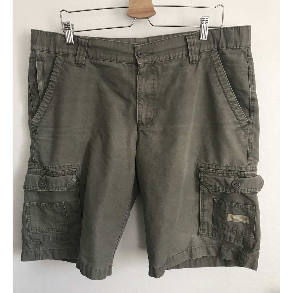 Signal Mens Cargo Shorts Khaki Green XL Cotton Walk Relax Zipper Pockets Comfort